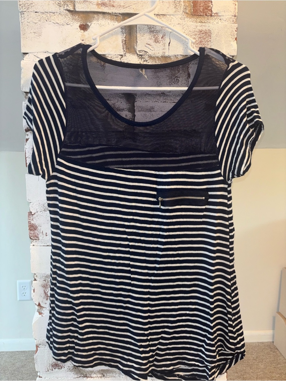 Splash Black and White Striped Short Sleeve Tee with Sheer Yoke